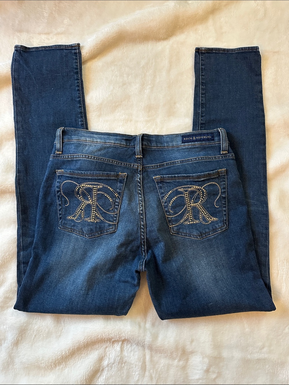 ROCK & REPUBLIC Women's Indigo Blue Embellished Pocket Jeans Sz12 Straight Cut